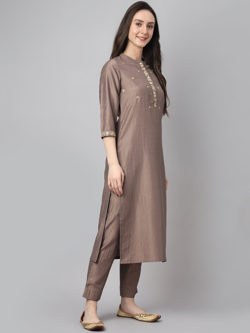 Janasya Women's Brown Chinon Solid Straight Festive Kurta Set | Grocsy