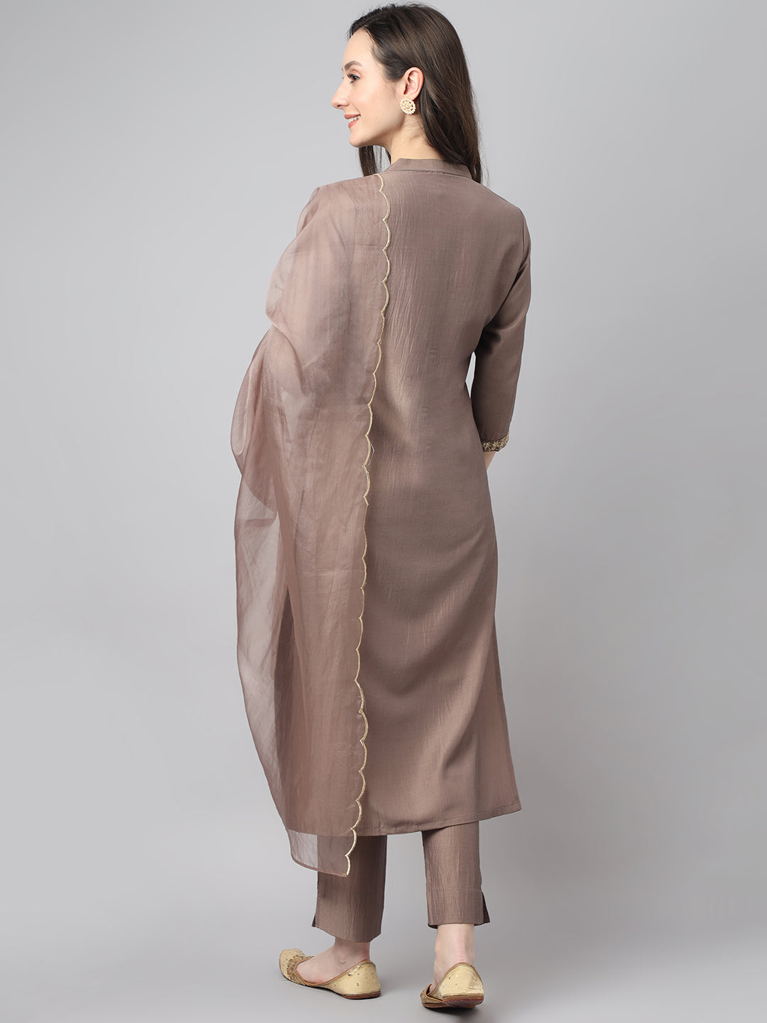 Janasya Women's Brown Chinon Solid Straight Festive Kurta Set | Grocsy