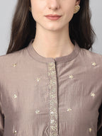 Janasya Women's Brown Chinon Solid Straight Festive Kurta Set | Grocsy