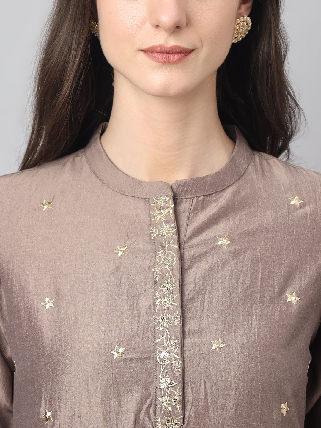 Janasya Women's Brown Chinon Solid Straight Festive Kurta Set | Grocsy
