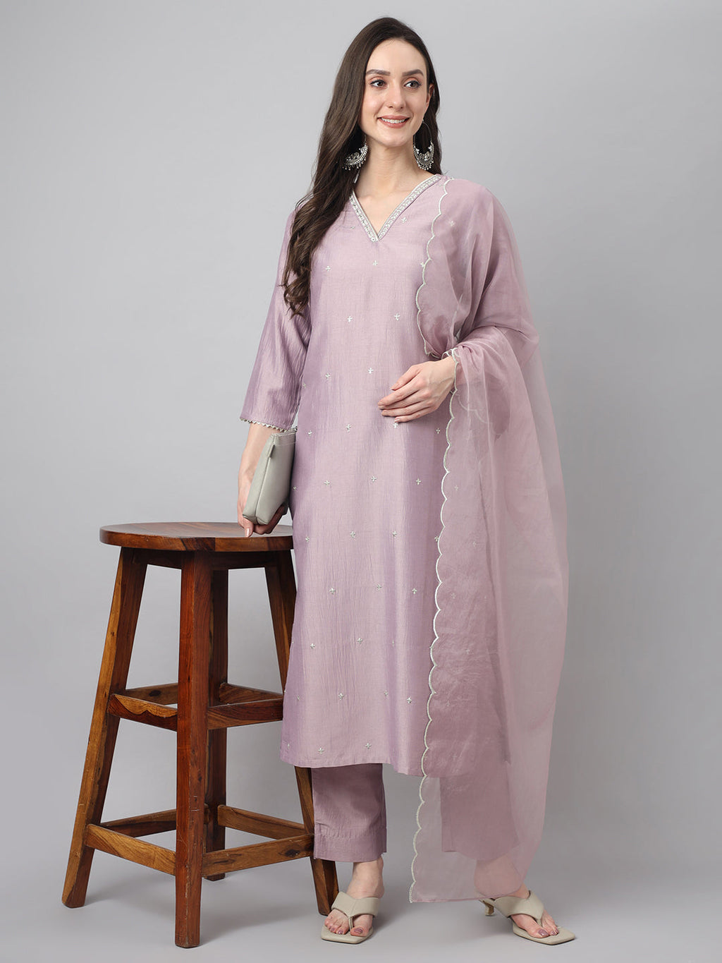 Janasya Women's Lavender Chinon Solid Straight Festive Kurta Set | Grocsy