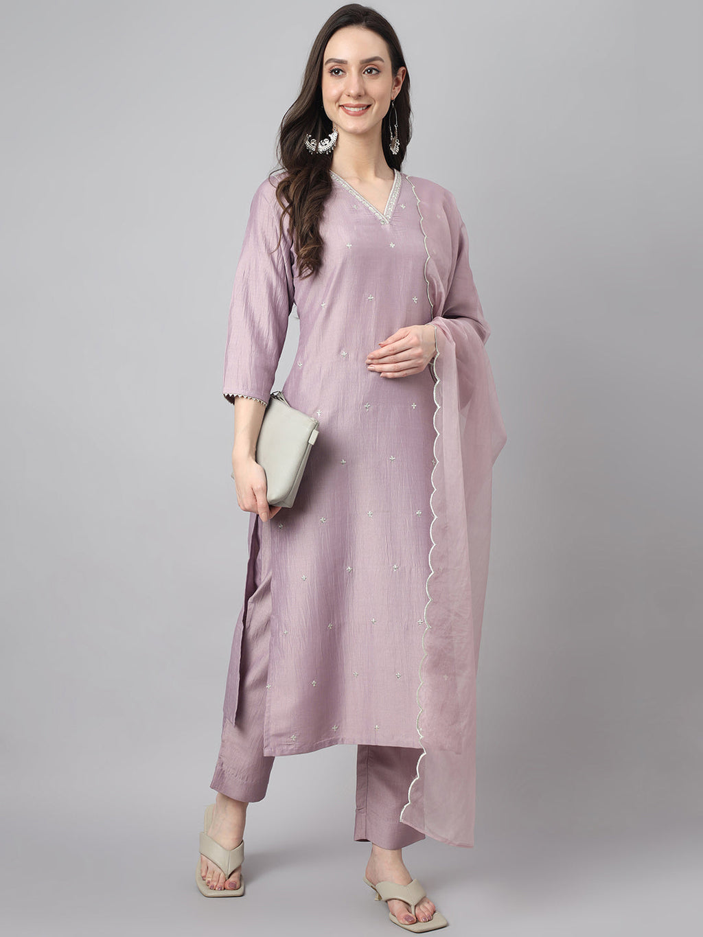 Janasya Women's Lavender Chinon Solid Straight Festive Kurta Set | Grocsy
