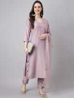 Janasya Women's Lavender Chinon Solid Straight Festive Kurta Set | Grocsy