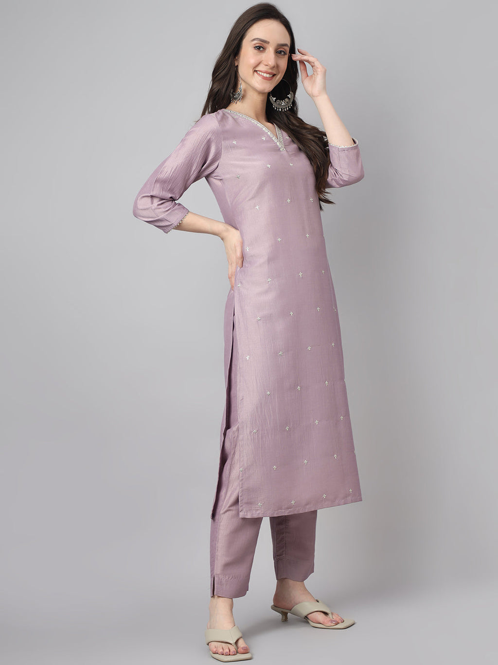 Janasya Women's Lavender Chinon Solid Straight Festive Kurta Set | Grocsy