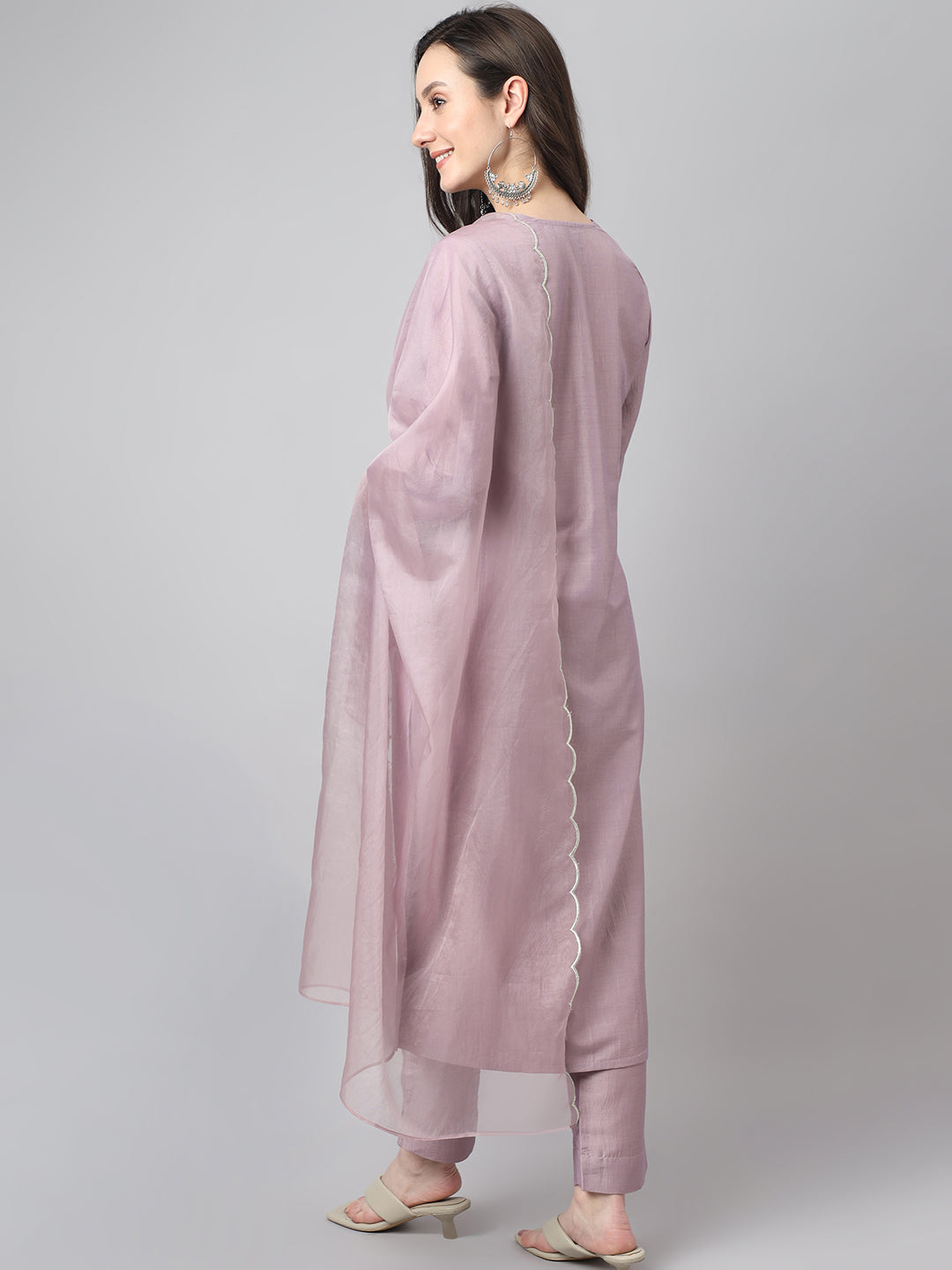 Janasya Women's Lavender Chinon Solid Straight Festive Kurta Set | Grocsy