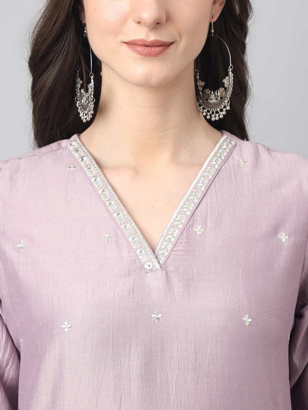 Janasya Women's Lavender Chinon Solid Straight Festive Kurta Set | Grocsy