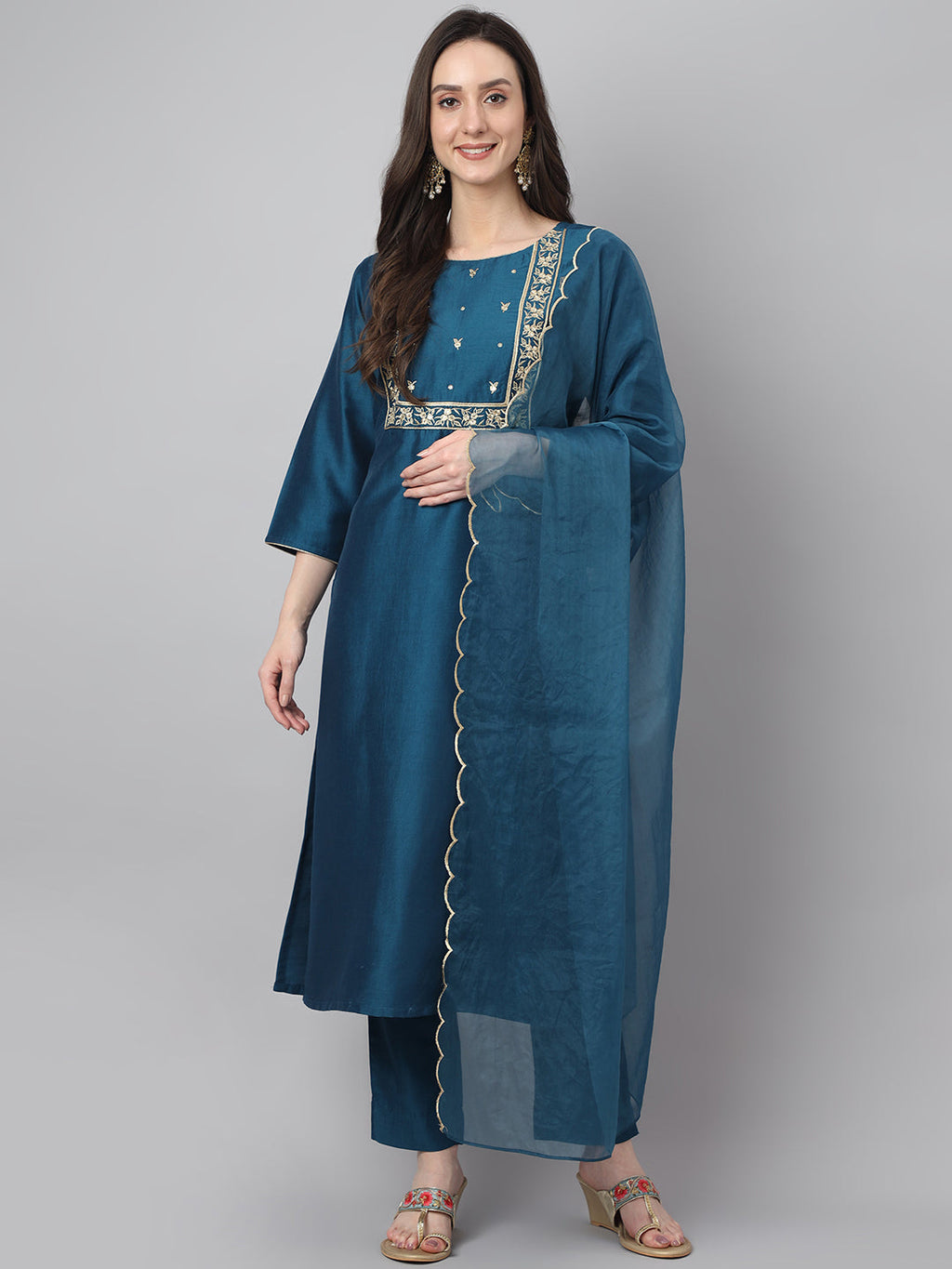 Janasya Women's Teal Chinon Solid Straight Festive Kurta Set | Grocsy