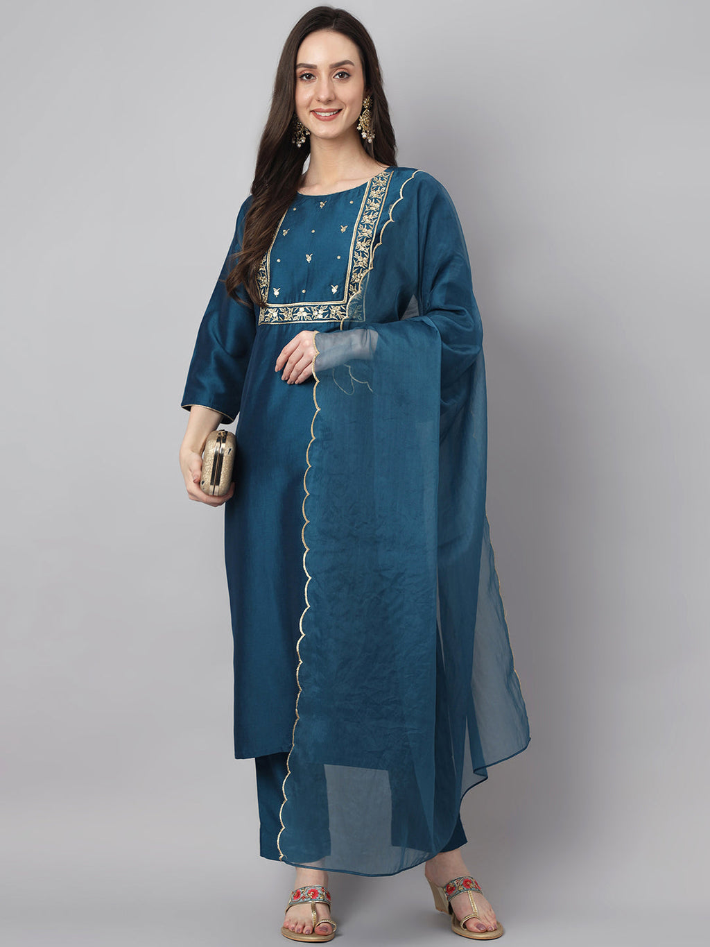 Janasya Women's Teal Chinon Solid Straight Festive Kurta Set | Grocsy
