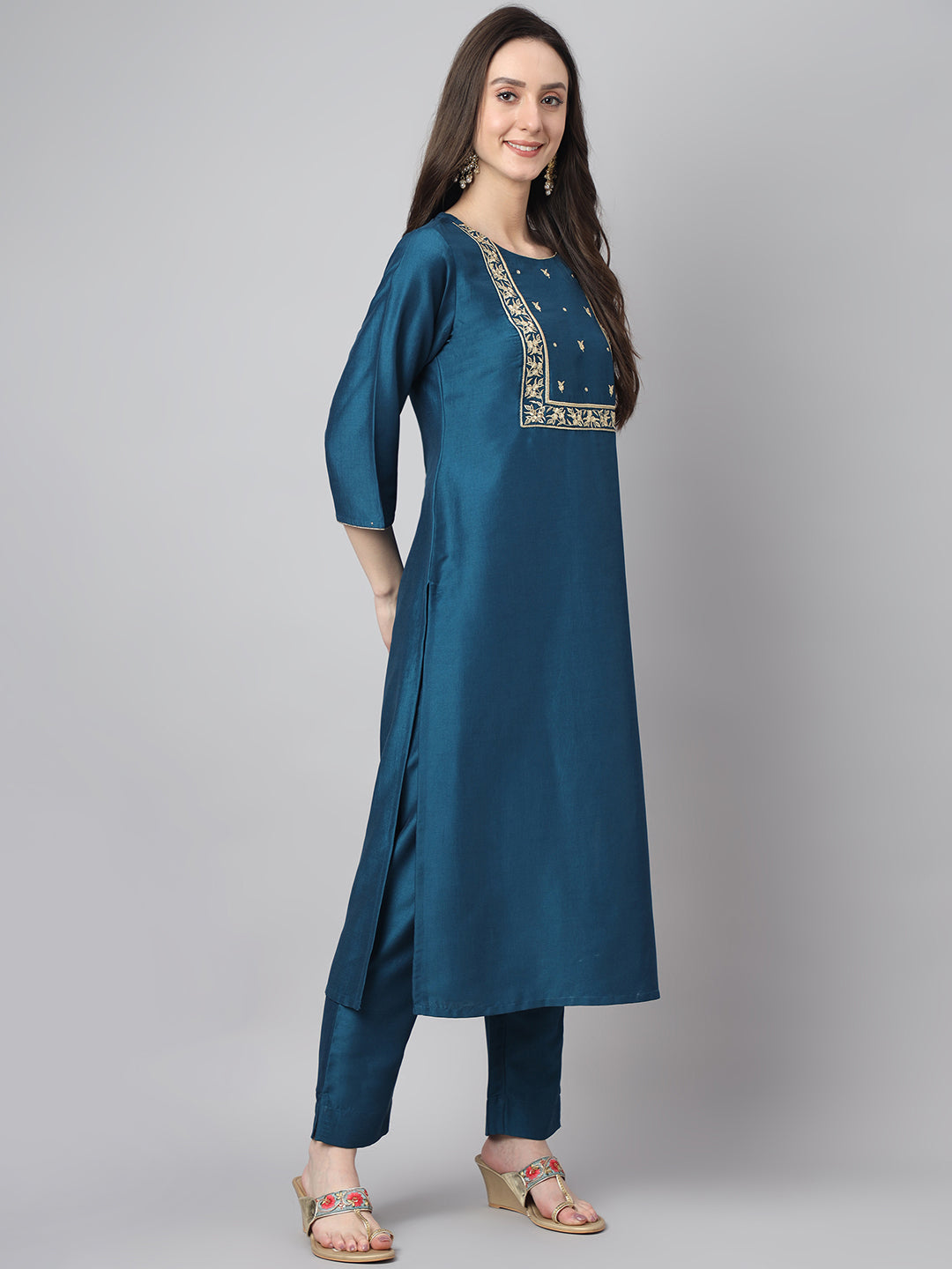 Janasya Women's Teal Chinon Solid Straight Festive Kurta Set | Grocsy