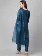 Janasya Women's Teal Chinon Solid Straight Festive Kurta Set | Grocsy