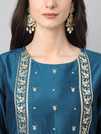 Janasya Women's Teal Chinon Solid Straight Festive Kurta Set | Grocsy