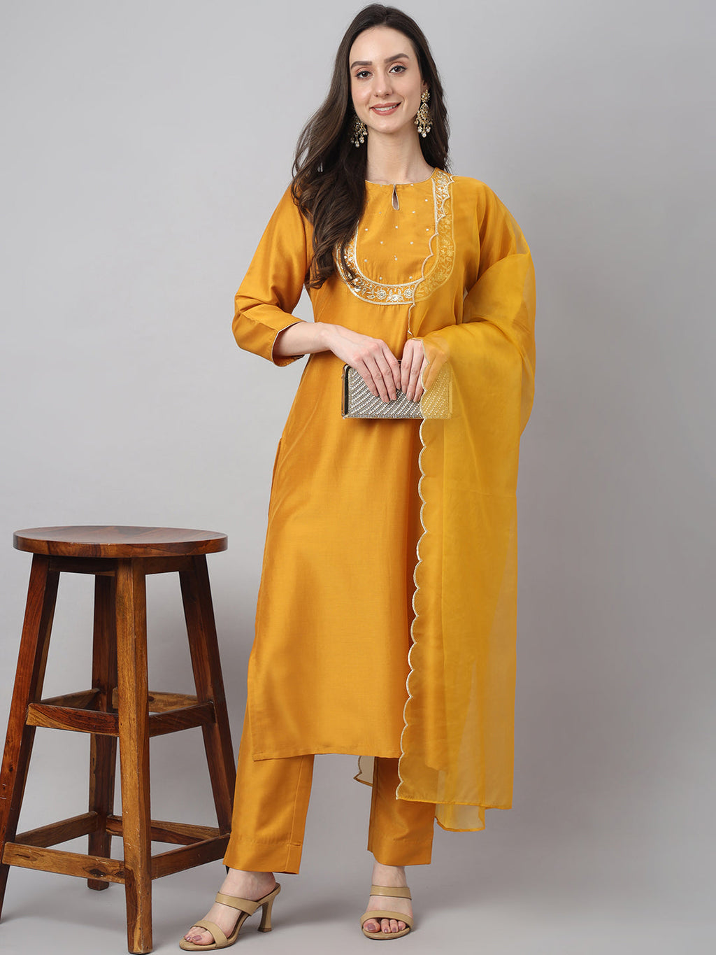 Janasya Women's Mustard Chinon Solid Straight Festive Kurta Set | Grocsy