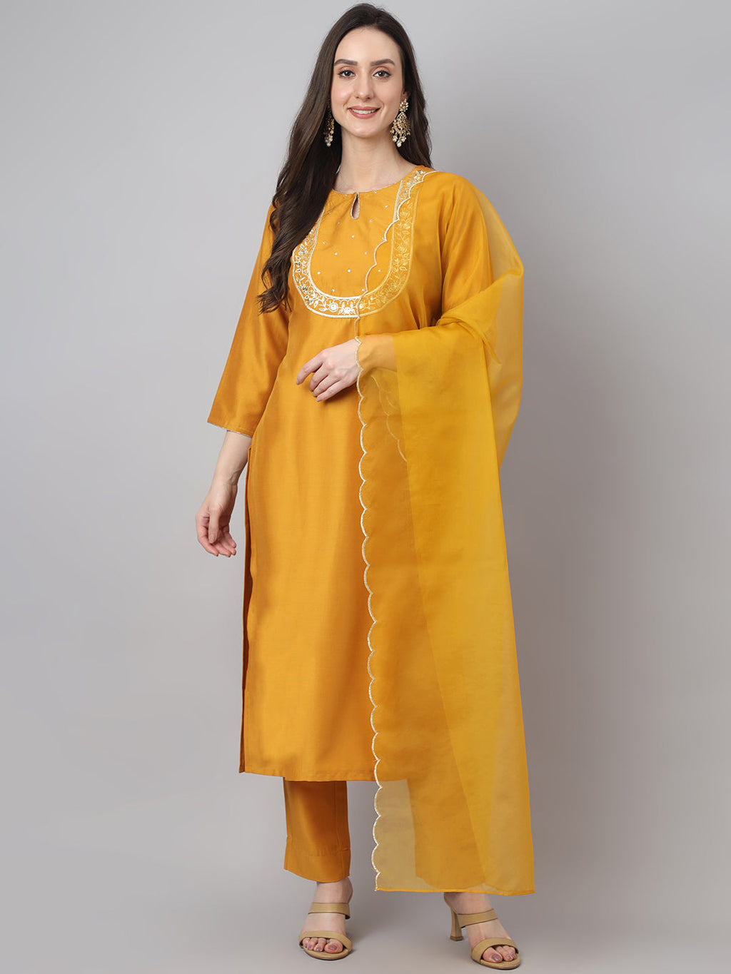 Janasya Women's Mustard Chinon Solid Straight Festive Kurta Set | Grocsy