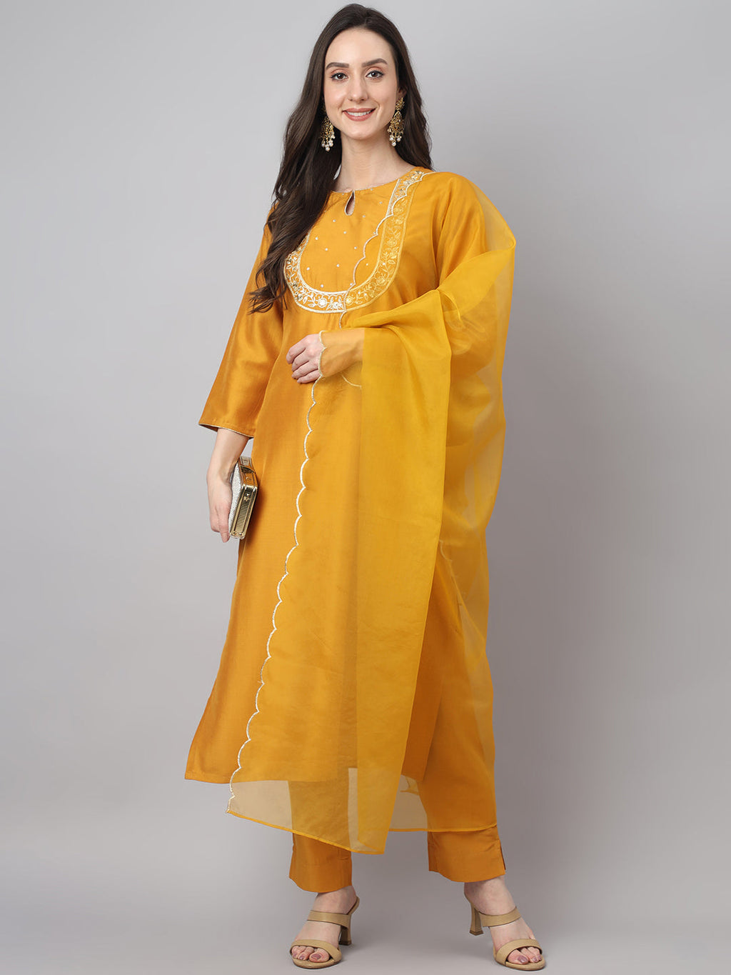 Janasya Women's Mustard Chinon Solid Straight Festive Kurta Set | Grocsy