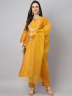 Janasya Women's Mustard Chinon Solid Straight Festive Kurta Set | Grocsy