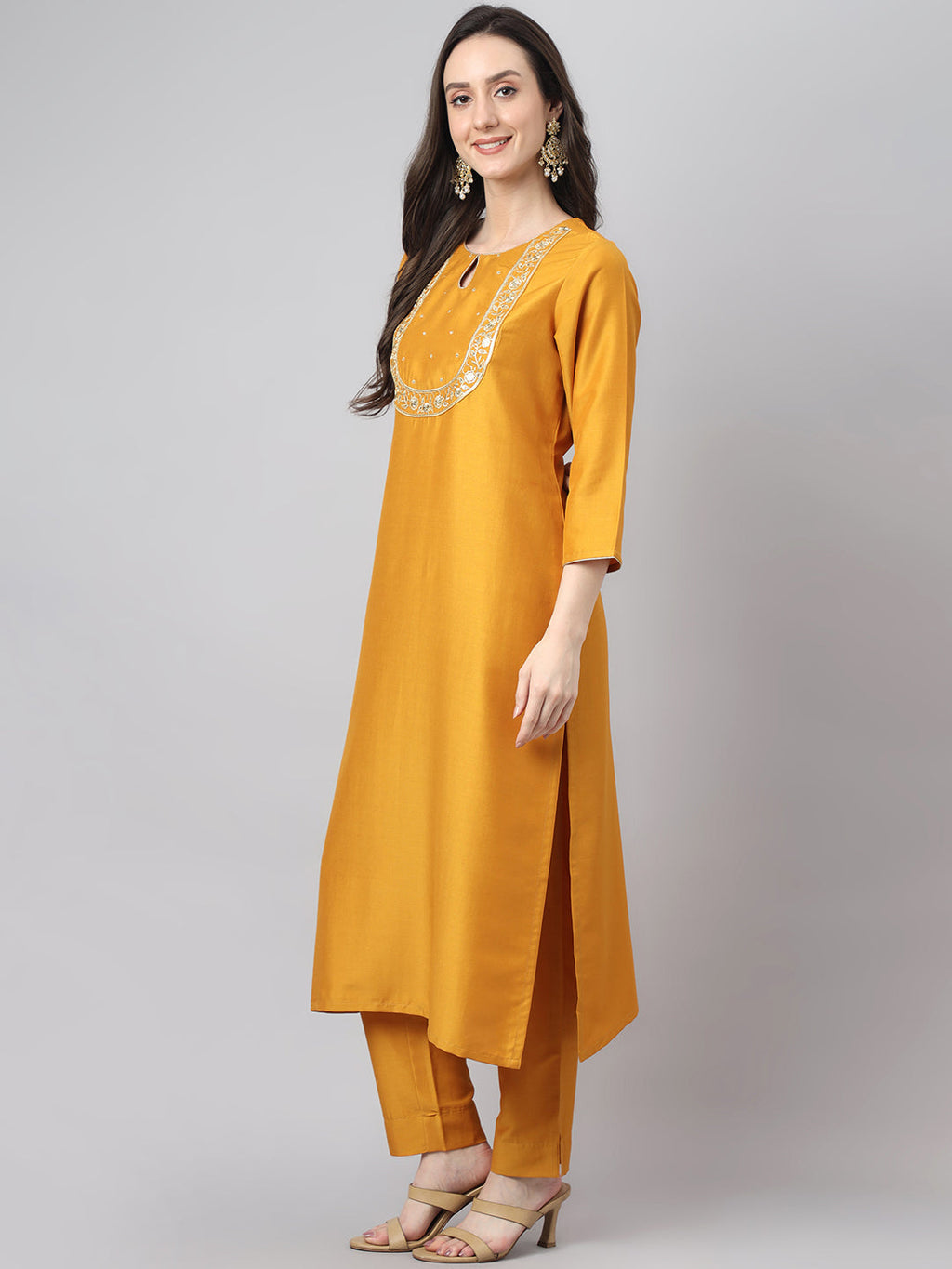 Janasya Women's Mustard Chinon Solid Straight Festive Kurta Set | Grocsy