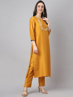 Janasya Women's Mustard Chinon Solid Straight Festive Kurta Set | Grocsy