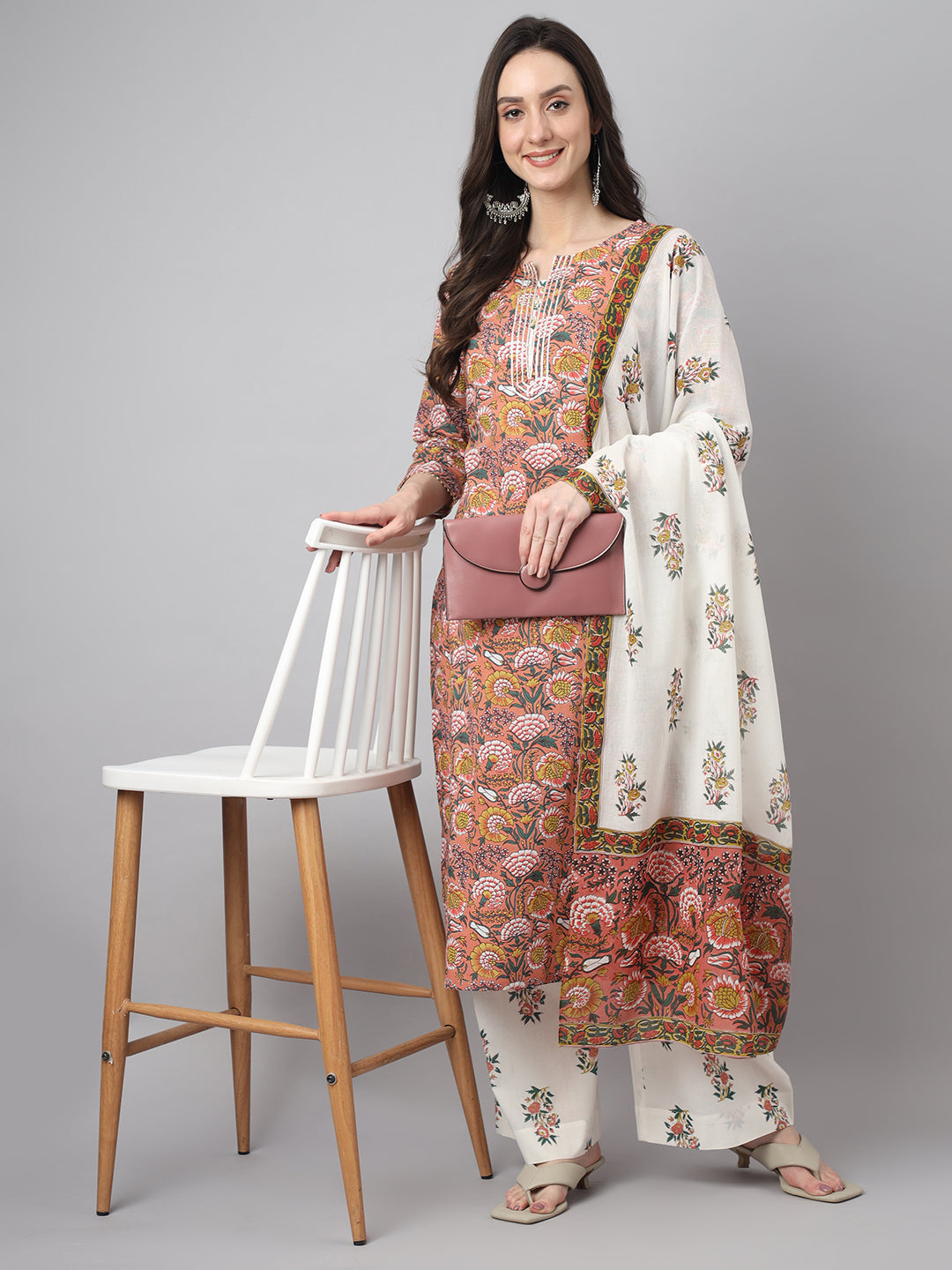 Janasya Women's Pink Cotton Floral Printed Straight Festive Kurta Set | Grocsy