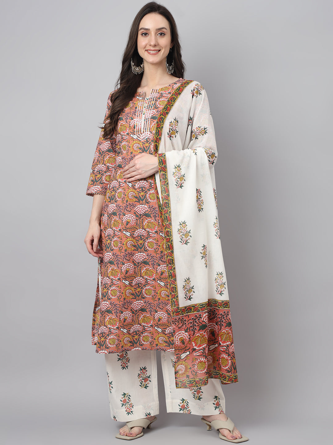 Janasya Women's Pink Cotton Floral Printed Straight Festive Kurta Set | Grocsy