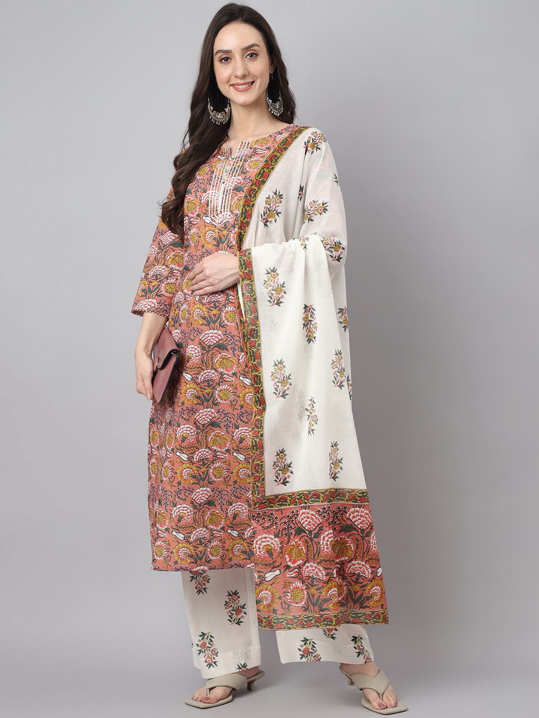 Janasya Women's Pink Cotton Floral Printed Straight Festive Kurta Set | Grocsy