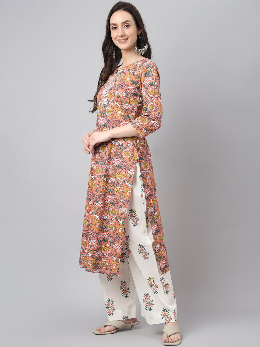 Janasya Women's Pink Cotton Floral Printed Straight Festive Kurta Set | Grocsy