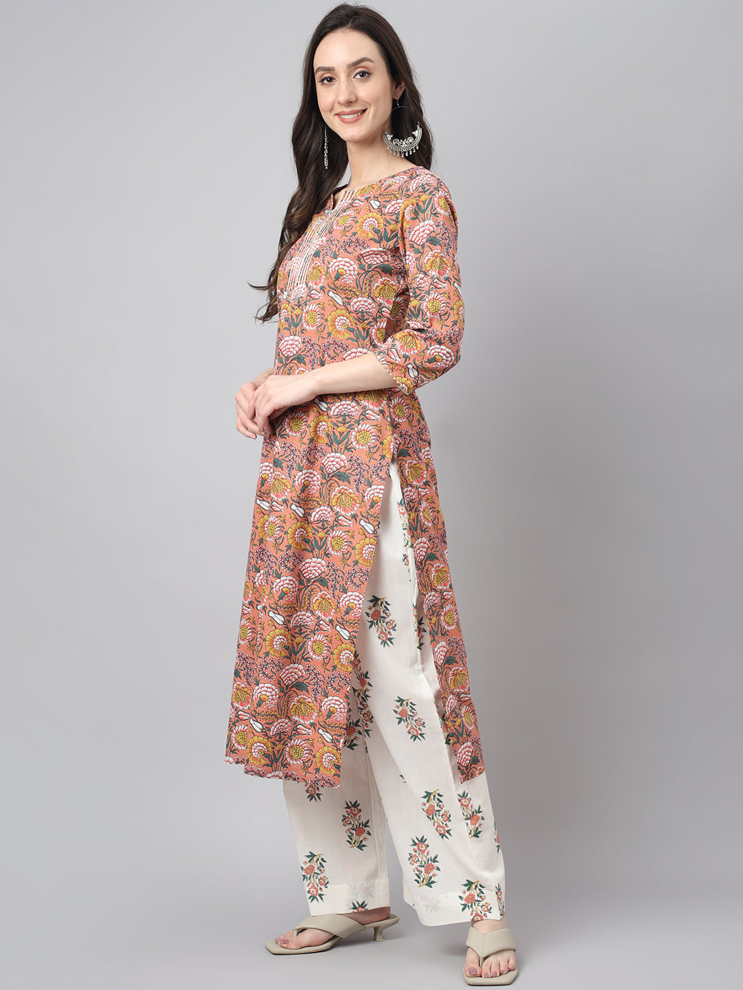 Janasya Women's Pink Cotton Floral Printed Straight Festive Kurta Set | Grocsy