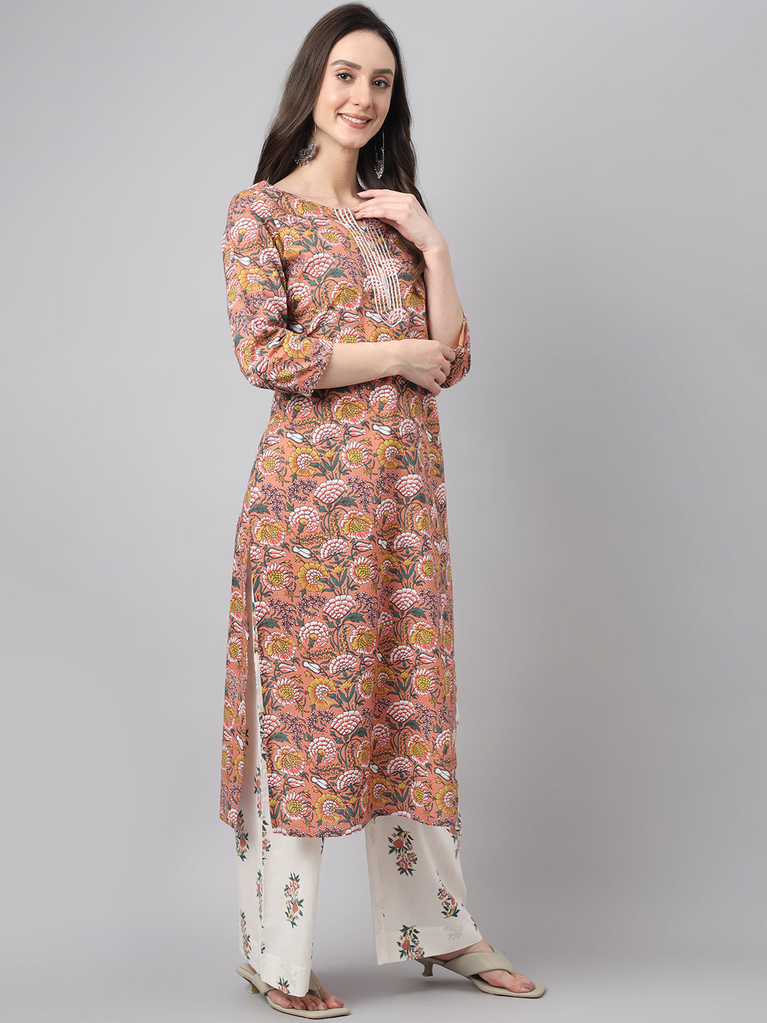 Janasya Women's Pink Cotton Floral Printed Straight Festive Kurta Set | Grocsy