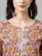 Janasya Women's Pink Cotton Floral Printed Straight Festive Kurta Set | Grocsy