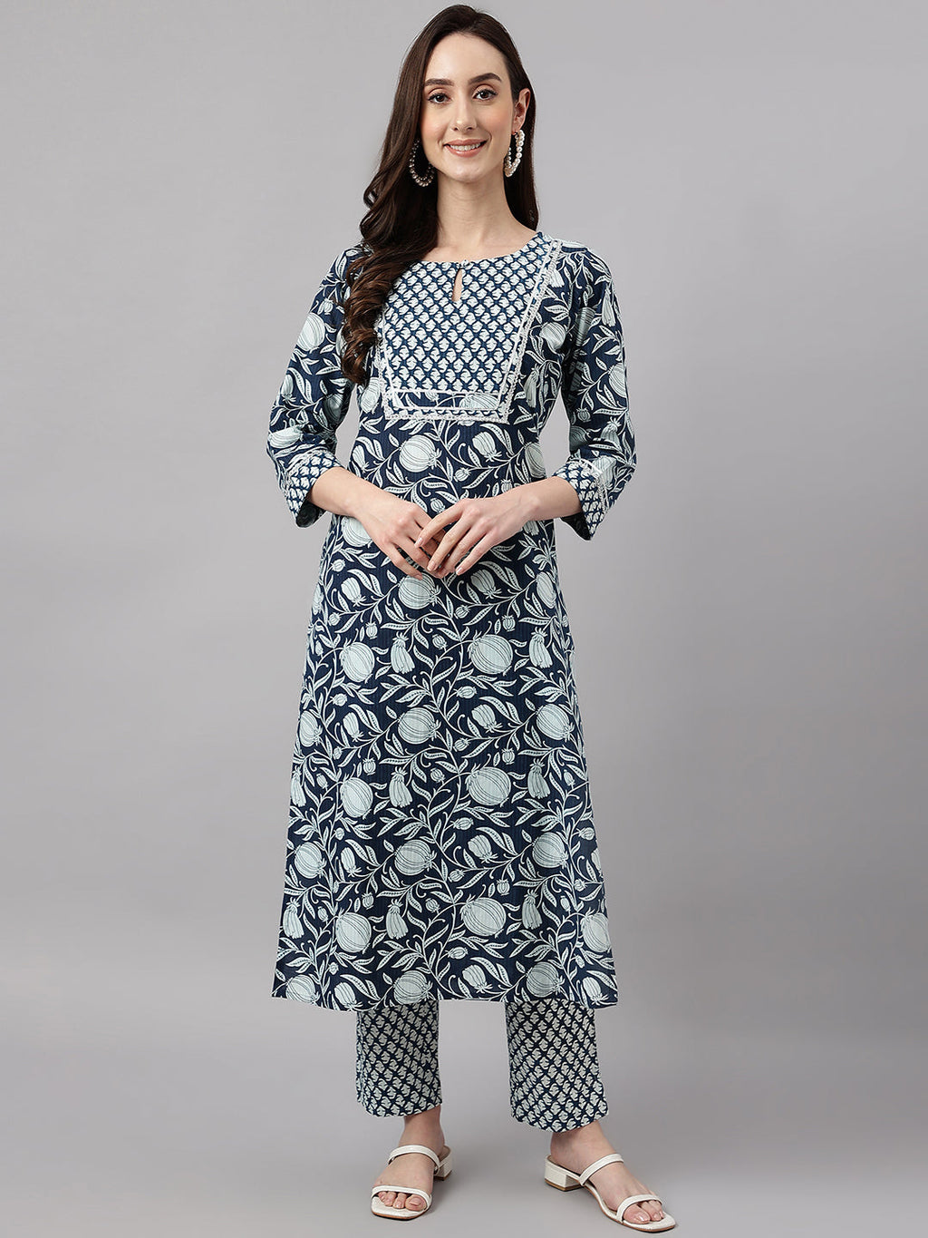 Janasya Women's Navy Blue Cotton Botanical Printed Straight Casual Kurta Set | Grocsy