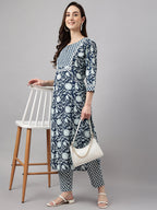 Janasya Women's Navy Blue Cotton Botanical Printed Straight Casual Kurta Set | Grocsy