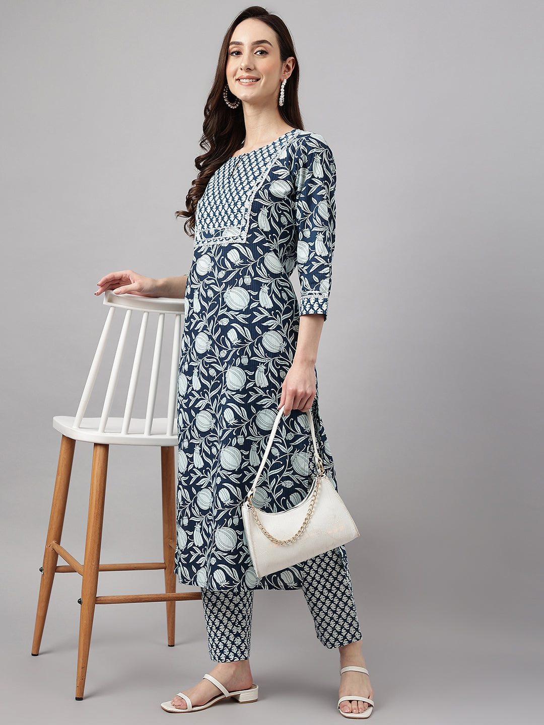 Janasya Women's Navy Blue Cotton Botanical Printed Straight Casual Kurta Set | Grocsy