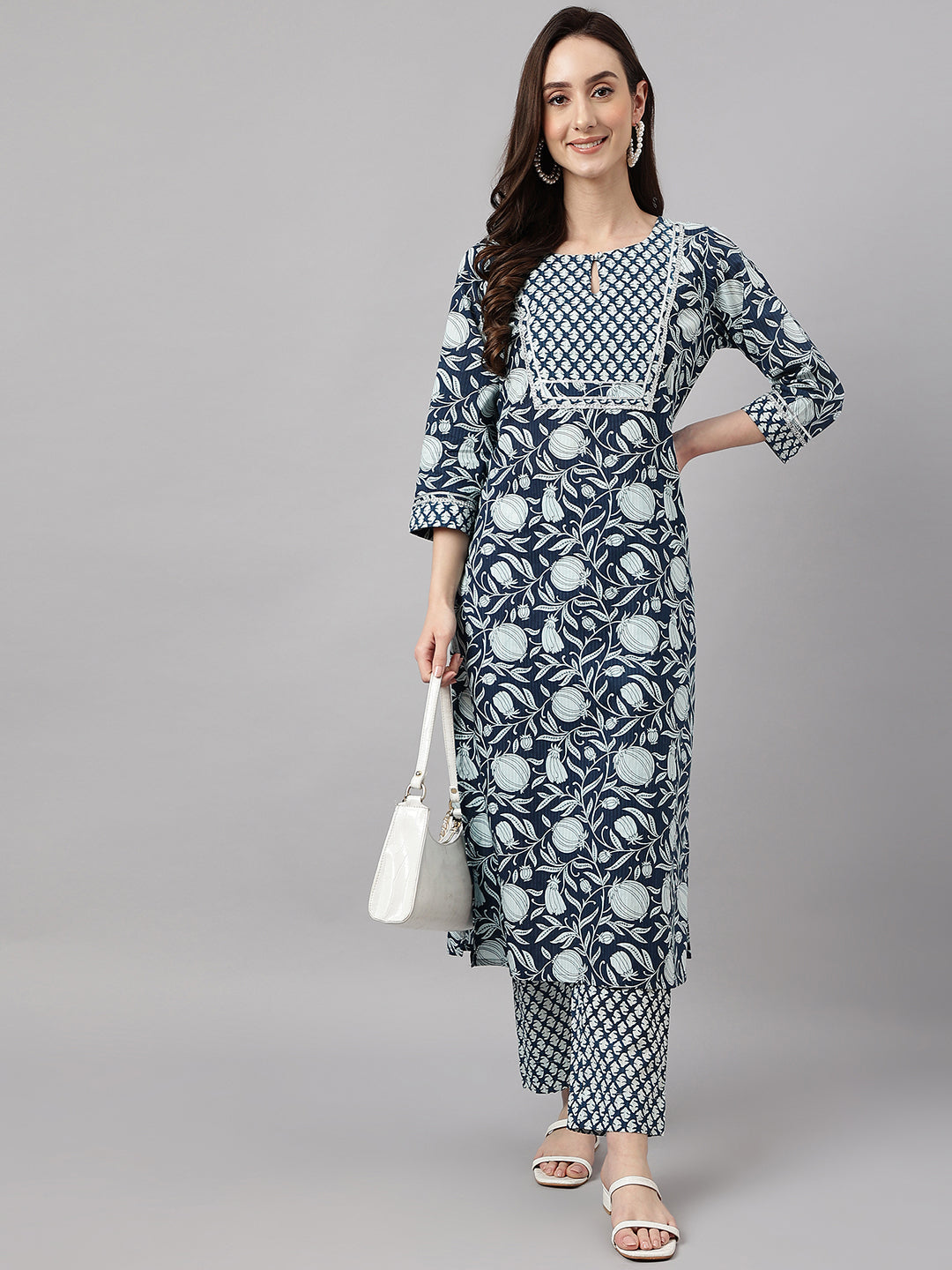 Janasya Women's Navy Blue Cotton Botanical Printed Straight Casual Kurta Set | Grocsy