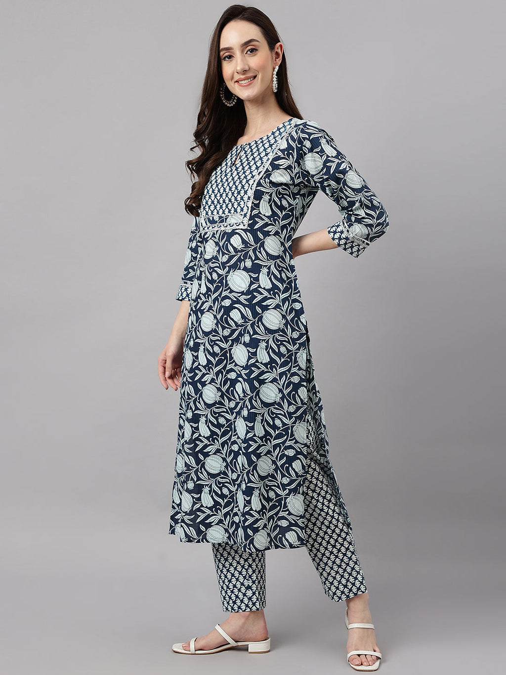 Janasya Women's Navy Blue Cotton Botanical Printed Straight Casual Kurta Set | Grocsy