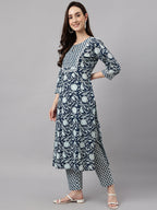 Janasya Women's Navy Blue Cotton Botanical Printed Straight Casual Kurta Set | Grocsy
