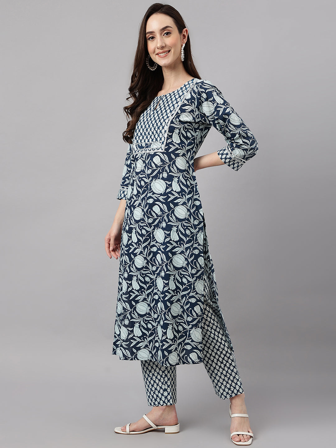 Janasya Women's Navy Blue Cotton Botanical Printed Straight Casual Kurta Set | Grocsy