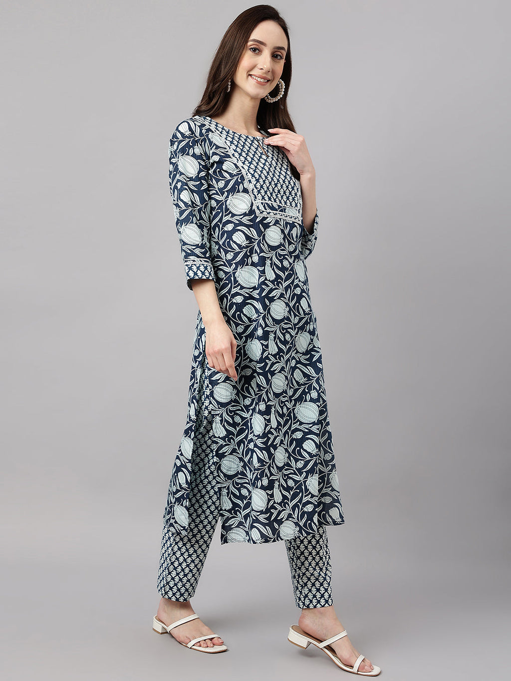 Janasya Women's Navy Blue Cotton Botanical Printed Straight Casual Kurta Set | Grocsy