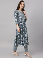 Janasya Women's Navy Blue Cotton Botanical Printed Straight Casual Kurta Set | Grocsy