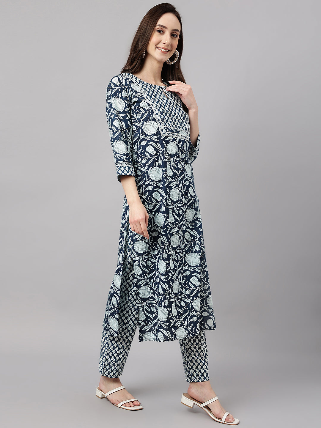 Janasya Women's Navy Blue Cotton Botanical Printed Straight Casual Kurta Set | Grocsy