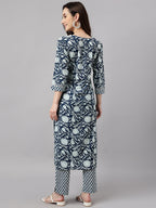Janasya Women's Navy Blue Cotton Botanical Printed Straight Casual Kurta Set | Grocsy