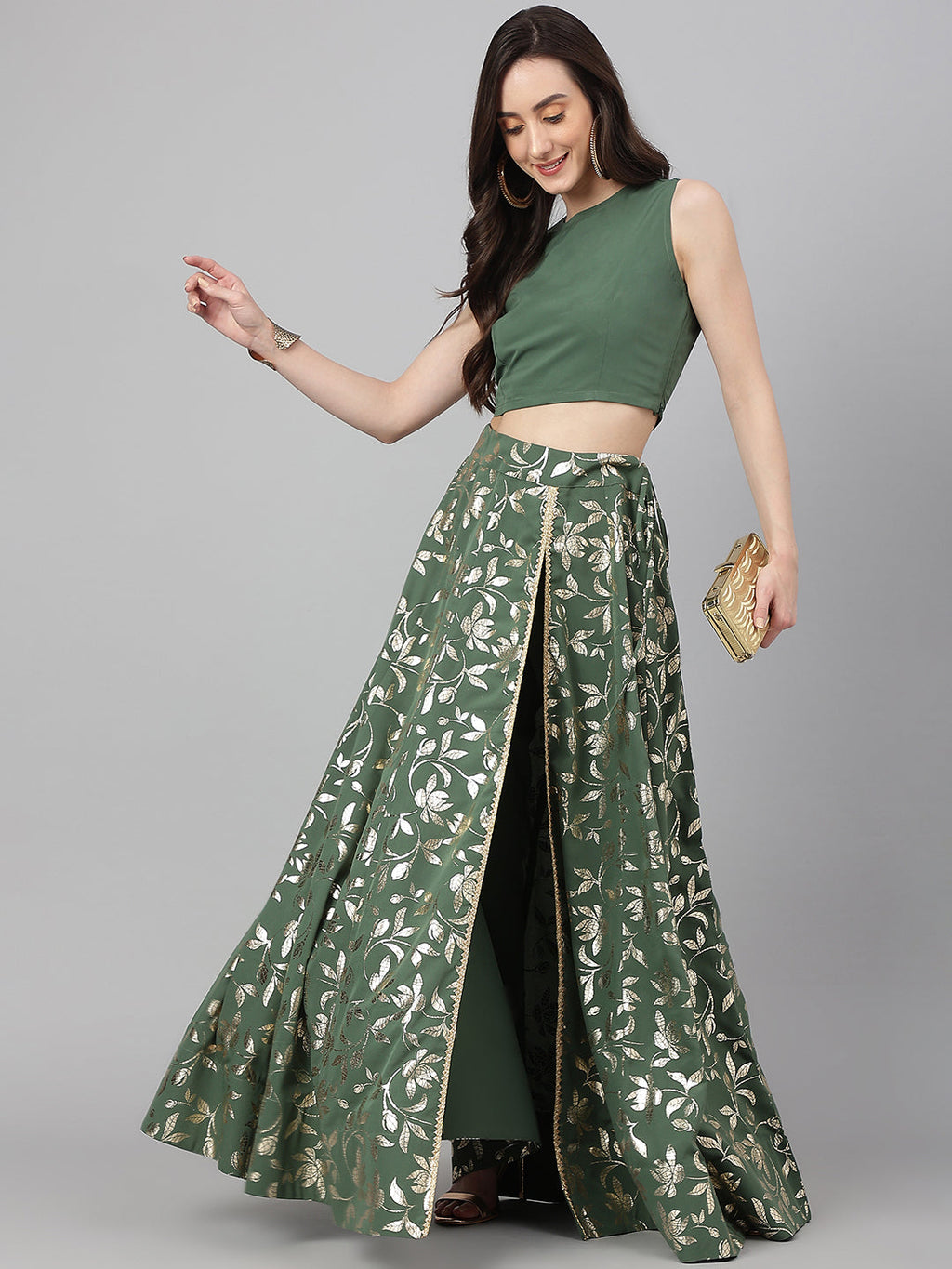 Janasya Women's Olive Green Crepe Solid Lehenga Choli With Pant | Grocsy