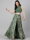 Janasya Women's Olive Green Crepe Solid Lehenga Choli With Pant | Grocsy
