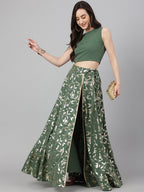 Janasya Women's Olive Green Crepe Solid Lehenga Choli With Pant | Grocsy