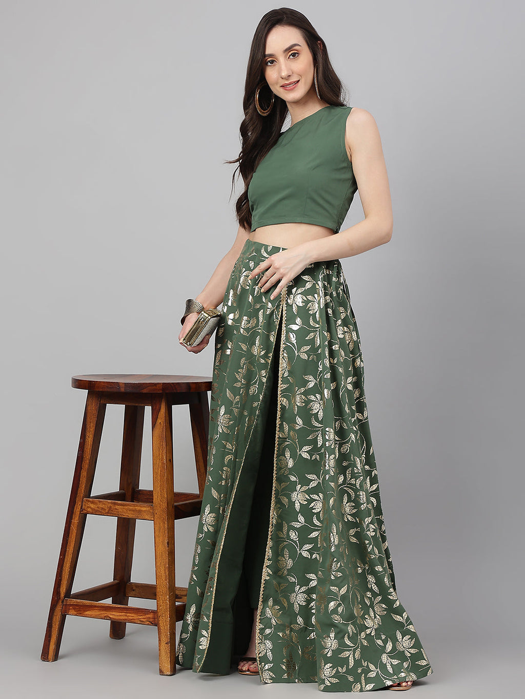 Janasya Women's Olive Green Crepe Solid Lehenga Choli With Pant | Grocsy