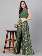 Janasya Women's Olive Green Crepe Solid Lehenga Choli With Pant | Grocsy