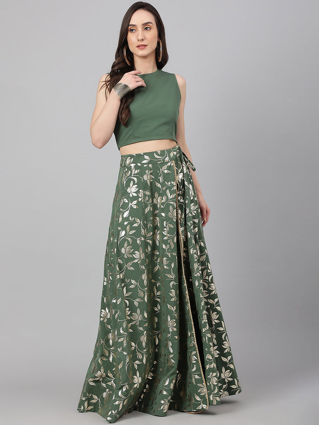 Janasya Women's Olive Green Crepe Solid Lehenga Choli With Pant | Grocsy
