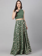 Janasya Women's Olive Green Crepe Solid Lehenga Choli With Pant | Grocsy