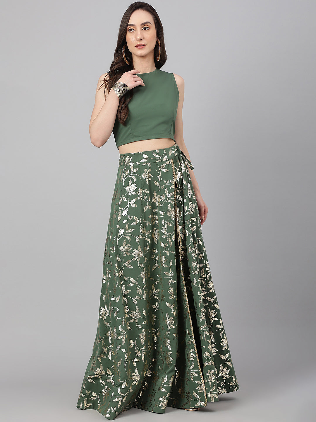 Janasya Women's Olive Green Crepe Solid Lehenga Choli With Pant | Grocsy
