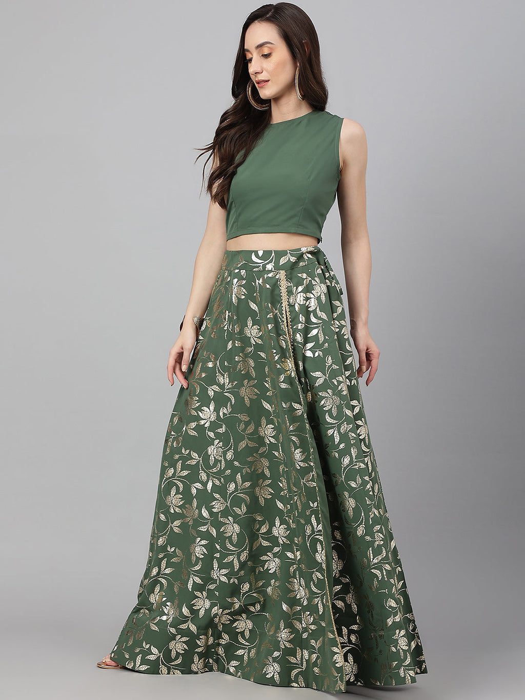 Janasya Women's Olive Green Crepe Solid Lehenga Choli With Pant | Grocsy