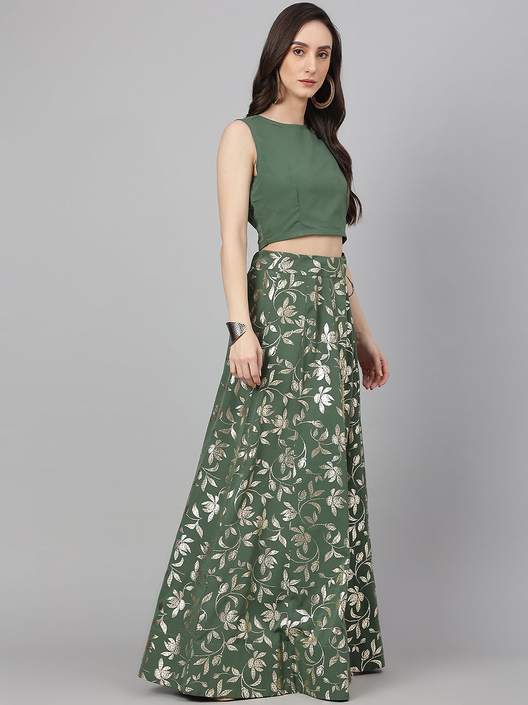 Janasya Women's Olive Green Crepe Solid Lehenga Choli With Pant | Grocsy
