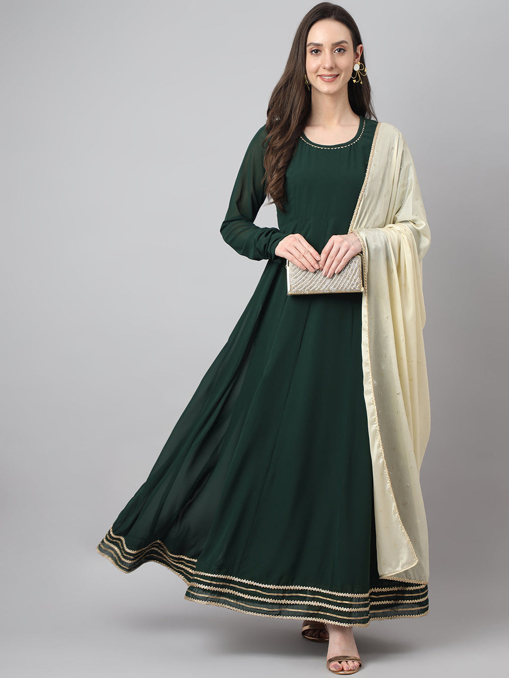 Janasya Women's Bottle Green Georgette Solid Anarkali Festive Kurta Set | Grocsy